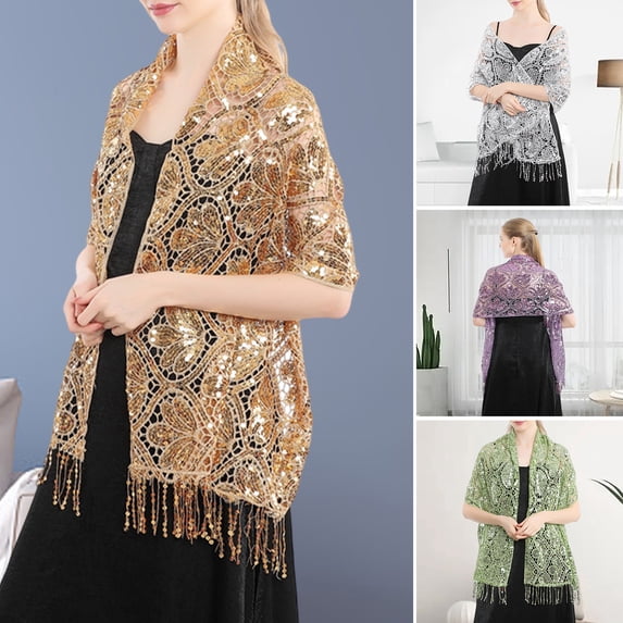 harmtty Shawl Comfortable Long Elegant Lightweight Polyester Sequin Glitter Evening Dress Shawl for Dating,Rose Red