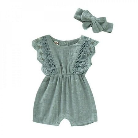 

Summer Newborn Baby Girls Butterfly sleeve Lace Romper + Headband Set Infant Outfits Clothes Toddler Princess Clothing Sunsuit Green XL