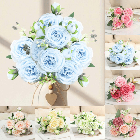 chaungfeng Admired by Nature Artificial Rose Flowers Bouquet, 5 Heads Faux Rose Wedding Bouquet for Bride Bridesmaid, Centerpieces Floral Arrangement Home Decoration, Blue
