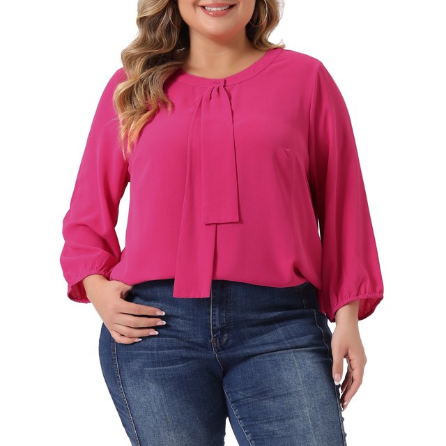 GRACE & GRANDEUR Women's Plus Size Round Neck Tie Front Ruffle Chiffon Work Blouses 2X Hot Pink