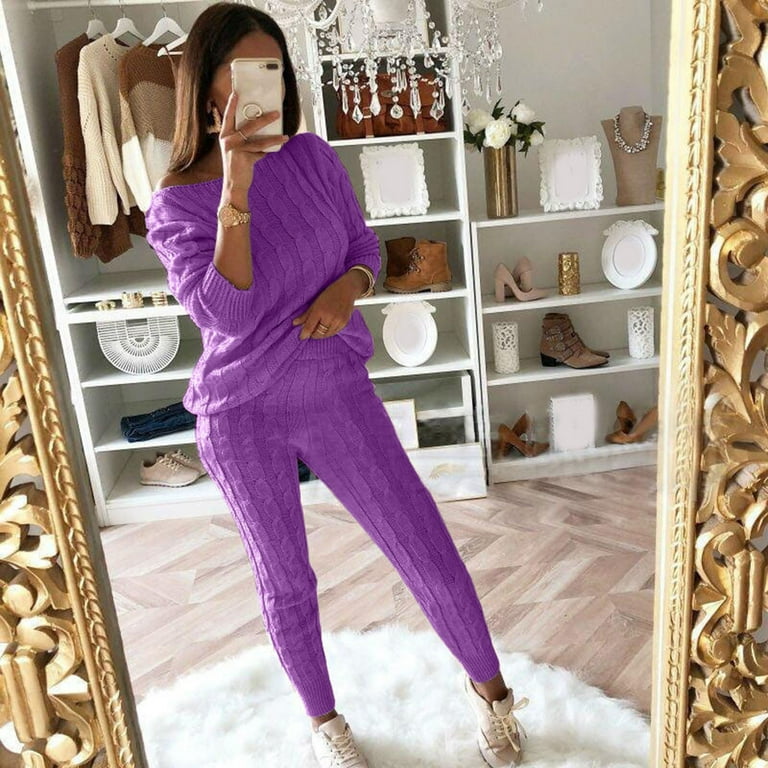 Cable Warm off UTTOASFAY Plus Suit Two-Piece Purple Clearance Picks Set Size Shoulder Women Color Womens Long Pants Flash 18(Xxxxxl) Pants Sleeve Long Solid Sweater Knitted