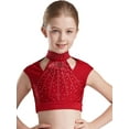 thumbnail image 2 of iiniim Kids Girls Lyrical Dress Rhinestone Crop Top with Asymmetric Skirt Skating Dancewear A Burgundy 8, 2 of 7