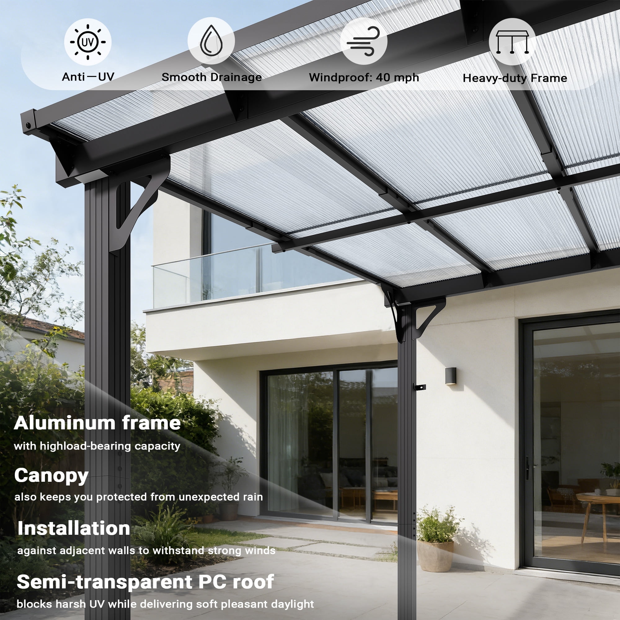 NETAJE 10'x8' Wall Mounted Pergola, Permanent Hardtop Aluminum Gazebo with Polycarbonate Roof for Patio Backyard Deck