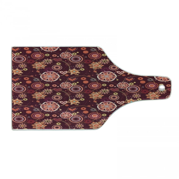 Floral Cutting Board, Vintage Rich Foliage Pattern Ornamental Spring Flowers and Circles, Tempered Glass Cutting and Serving Board, Wine Bottle Shape, Orange Maroon and Yellow, by Ambesonne