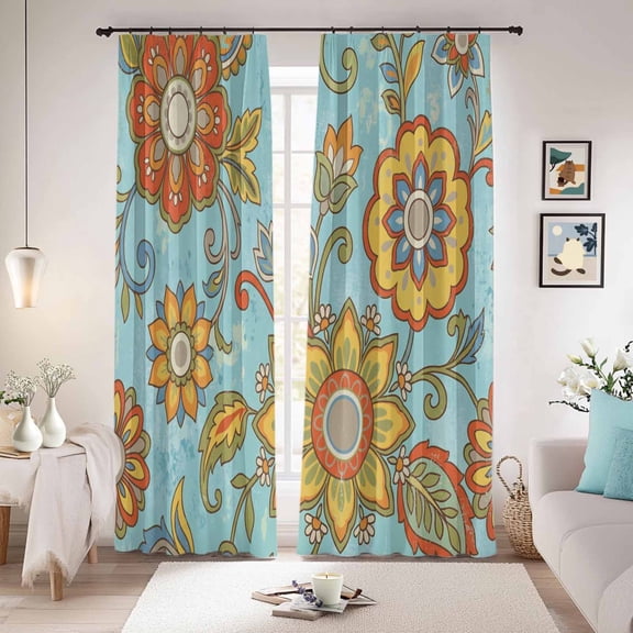 Turquoise Boho Floral Blackout Curtains for Bedroom/Living Room, Pinch Pleated Black Out Curtains, Vintage Abstract Art Ethnic Flowers Room Darkening Window Drapes with Hooks 2 Panels, 39"x70"