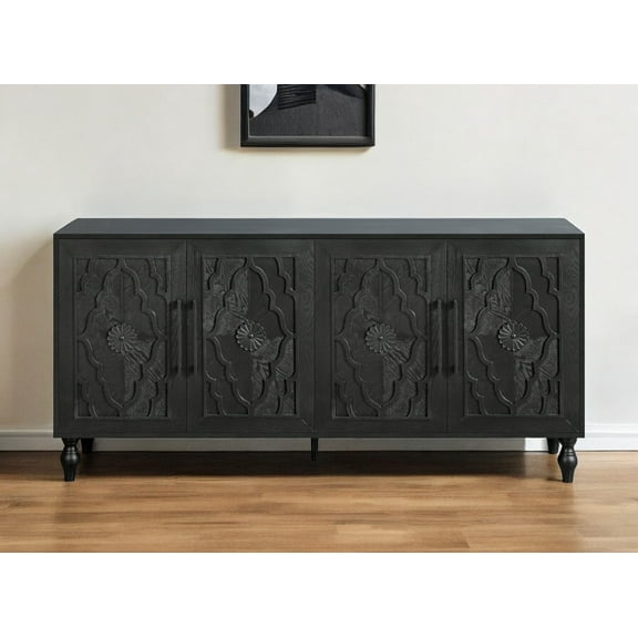 68" Black Distressed Carved Floral Sideboard with Four Doors