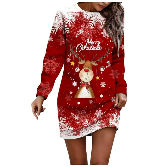 Wyzesi Robes Roses Grande Taille avec Manches Robe Chandail de Noël Imprimée pour Femme Col Rond Manches Longues Ample Sans Capuche Robe Décontractée Pyjama de Noël Costume