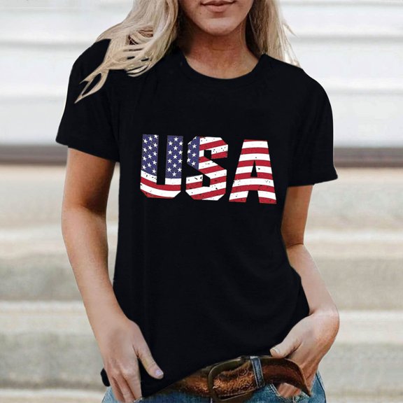 Conairie 4th of July Shirt Womens Crew Neck Short Sleeve Loose Patriotic T Shirts With Letter Print Work Tee Pullover Outfits Black L