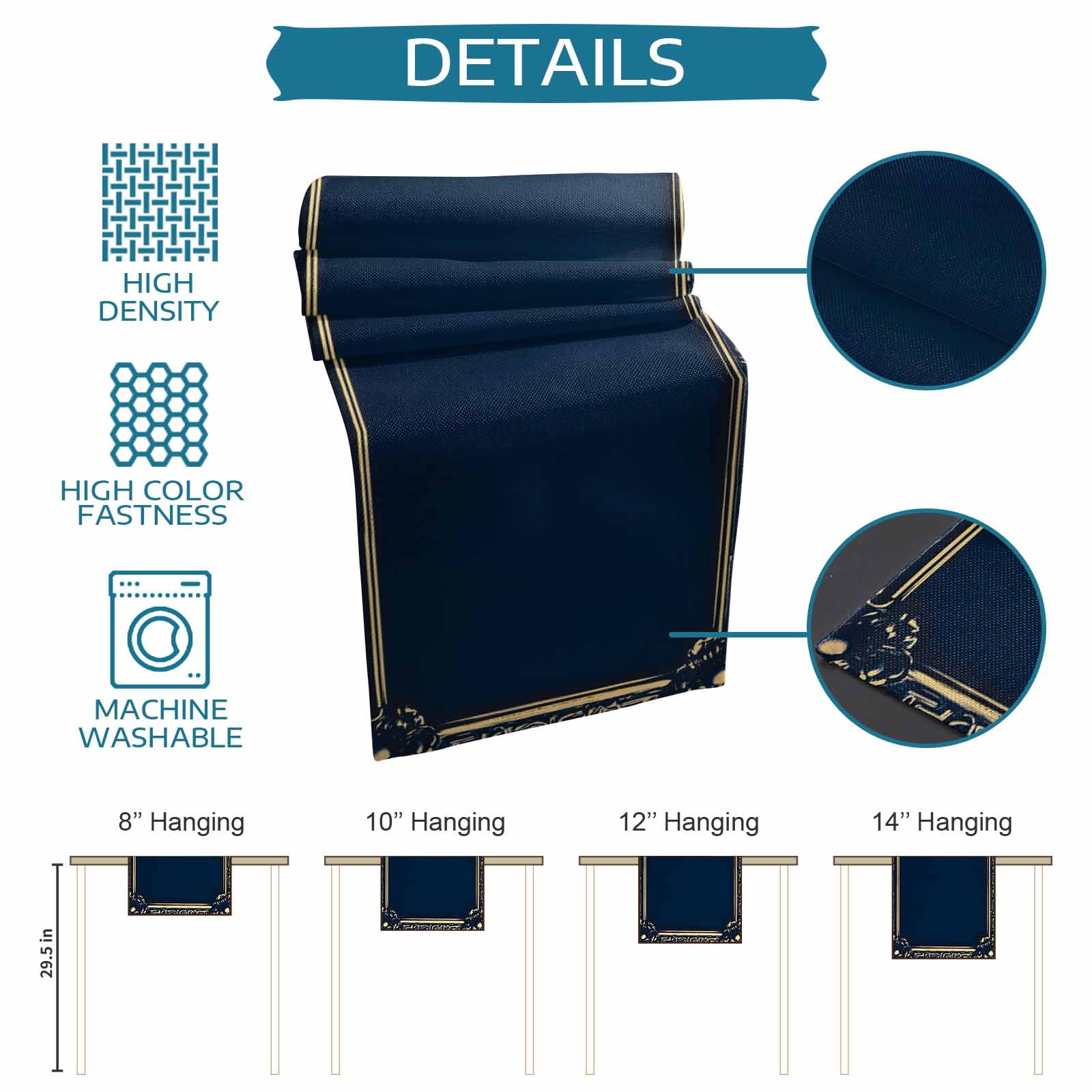 Retro Golden Flower Border Table Runner, Navy Blue Vintage Kitchen Table Runners Dress Scarves for Table Decorations Party/Restaurant/Indoor Outdoor Use, 13x120in