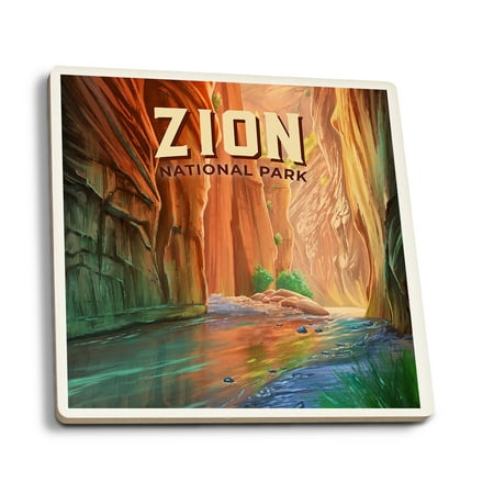 

Zion National Park Utah The Narrows Oil Painting (Absorbent Ceramic Coasters Set of 4 Matching Images Cork Back Kitchen Table Decor)