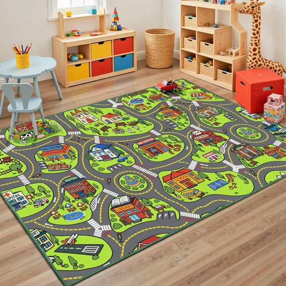 Kids Car Rug – Non-Slip Road Playmat for Toy Cars, Educational City Map Washable Carpet for Playroom, Bedroom, and Classroom, Safe Car Track Play Mat for Children
