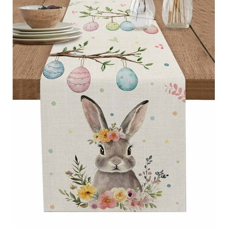 

Table Runner Dresser Scarf 13 x 120 Inch Spring Easter Bunny Watercolor Colorful Eggs Floral Retro Table Runners Non-Slip Heat Kitchen Dining Table Decor for Indoor Outdoor Home Party Decoration
