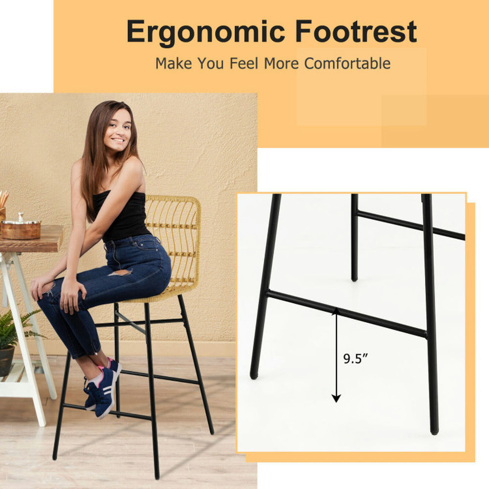 Demi Bonn Set of 2 Rattan Bar Stools with Sturdy Metal Frame, Modern Dining Chair with Backrests, Yellow