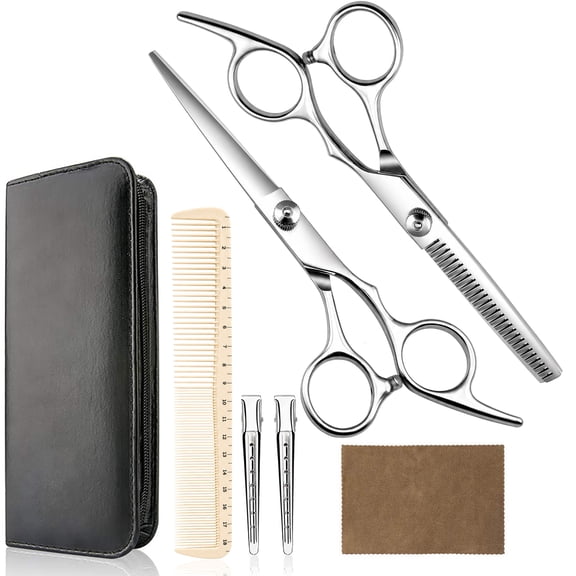 Professional Hair Cutting Scissors and Thinning Shears Set, Complete Barber Accessories Kit with Precision Measuring Comb & Case for Women Men