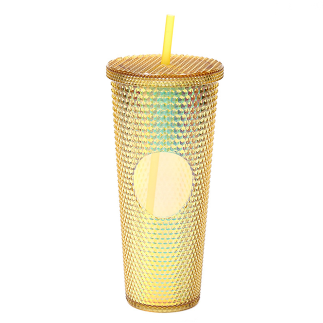 Torubia Gobelet Mat Clouté 24oz Or Isolé Double Paroi avec Couvercle et Paille, Plastique, Réutilisable, Sans BPA