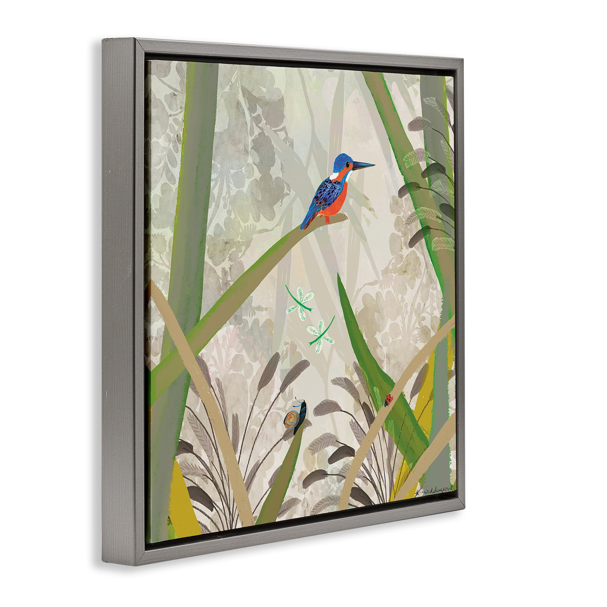 Stupell Industries Kingfisher Among Branches Gray Framed Floater Canvas Wall Art, design by Kay Widdowson