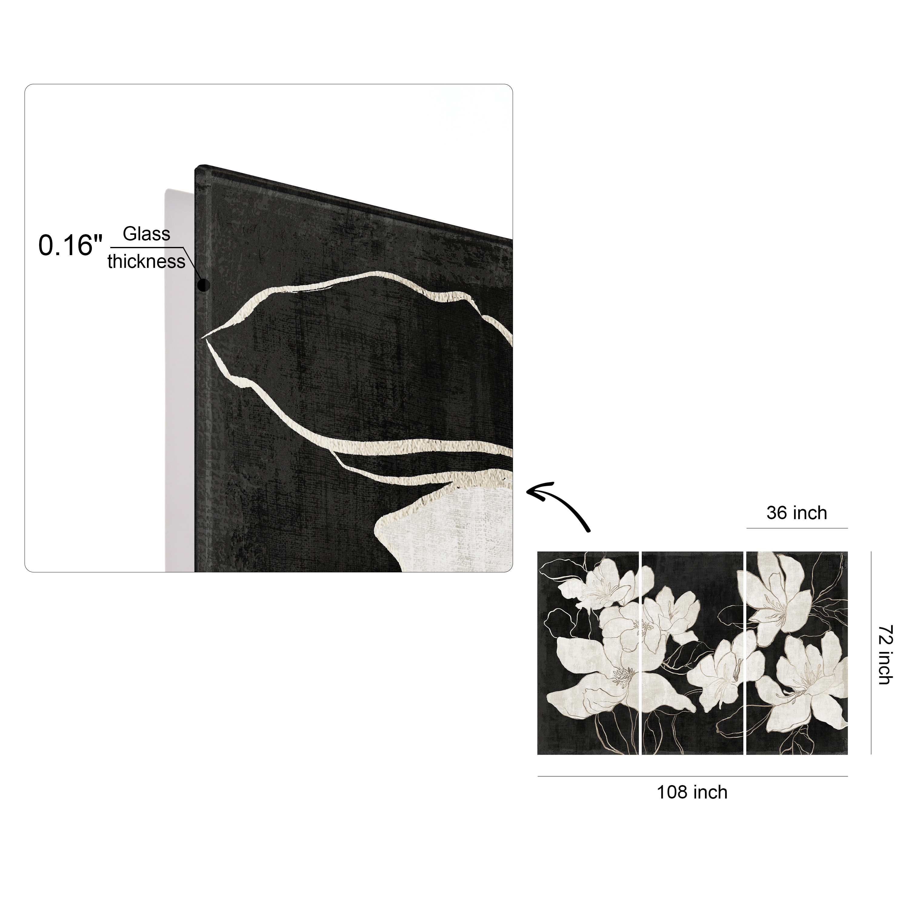 "Floral Elegance Trio" White Flower Frameless Free Floating Reverse Printed Tempered Glass Wall Art