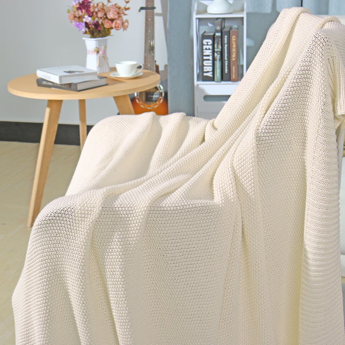 Unique Bargains 100% Cotton Knit Throw Blanket for Bed Sofa, Beige, Standard Throw