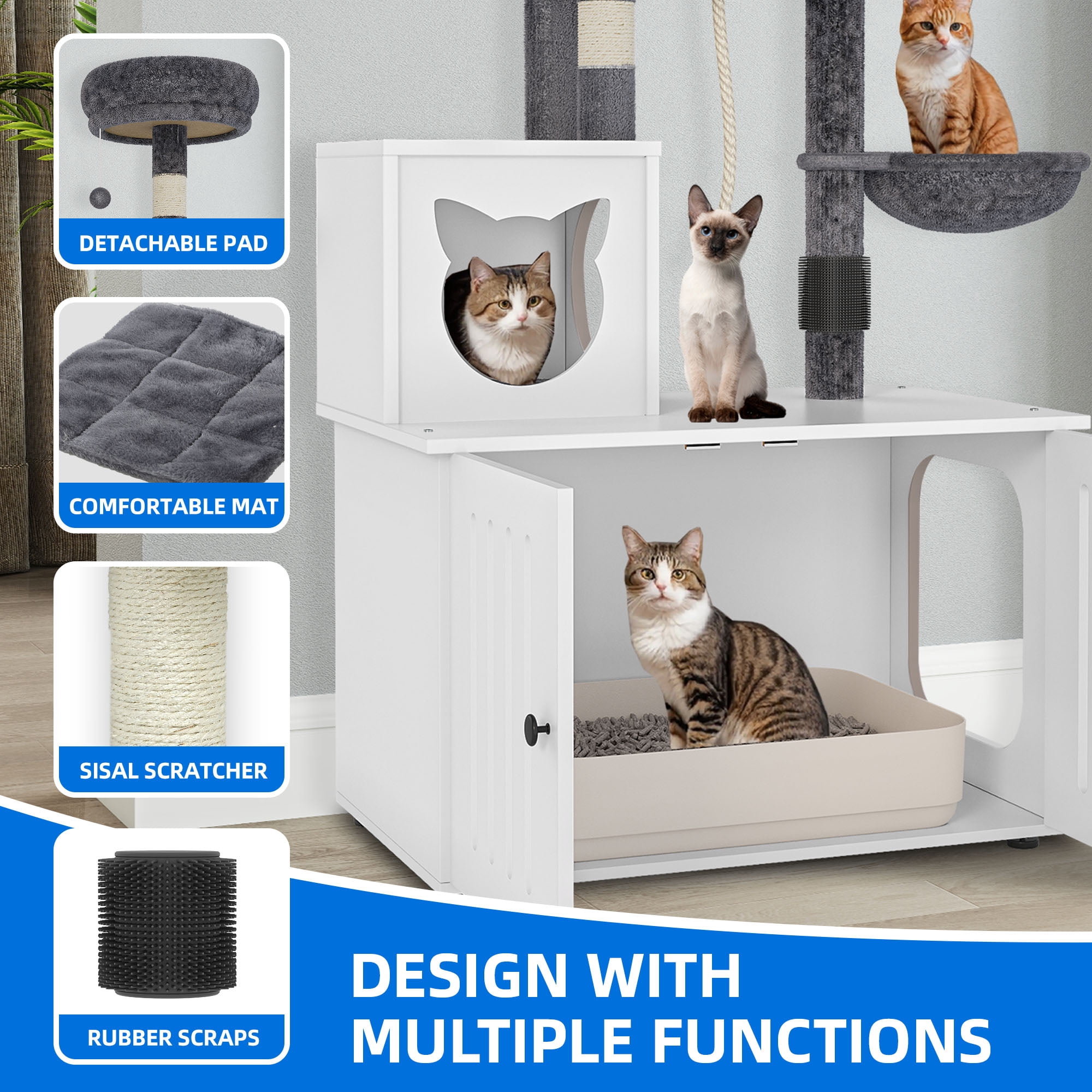 Dextrus 2-in-1 Cat Tree with Litter Box Enclosure,53.5" Large Modern Cat Condo with Scratching Posts, Perch, Food Station, Hammocks, Scratch Post, White