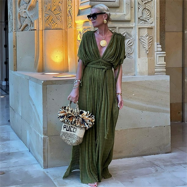 Vestido Mujer Verano 2025 – Sin Mangas, Cuello V, Estilo Bohemio Casual Para Playa O Salir
