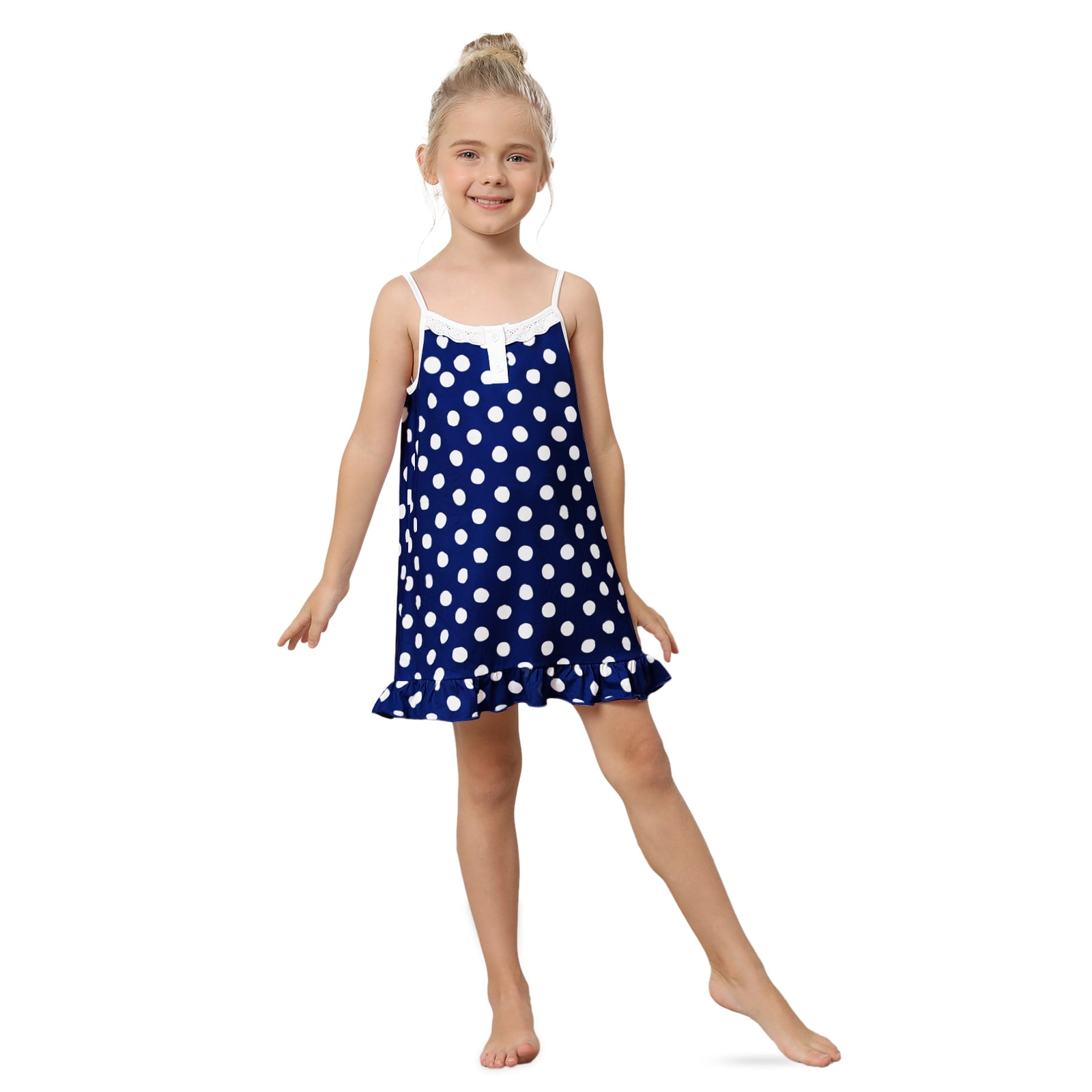 Kids -12 Nightgowns 6 Summer Dot Cami Sleep Night Strap Spaghetti Years Nightie Dress WBQ Soft Girls Polka Dress