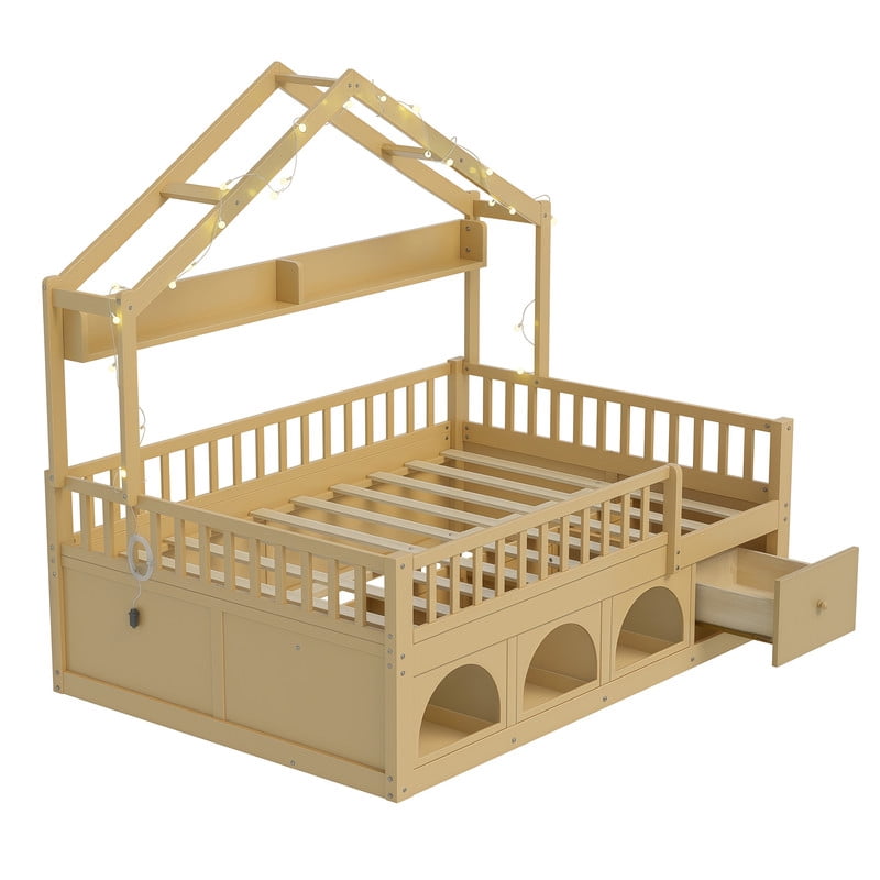 Full Size Kids Montessori Floor Bed Frame with Guardrail & Drawer, Children House Platform Bed with LED Light & Small Cat Bed