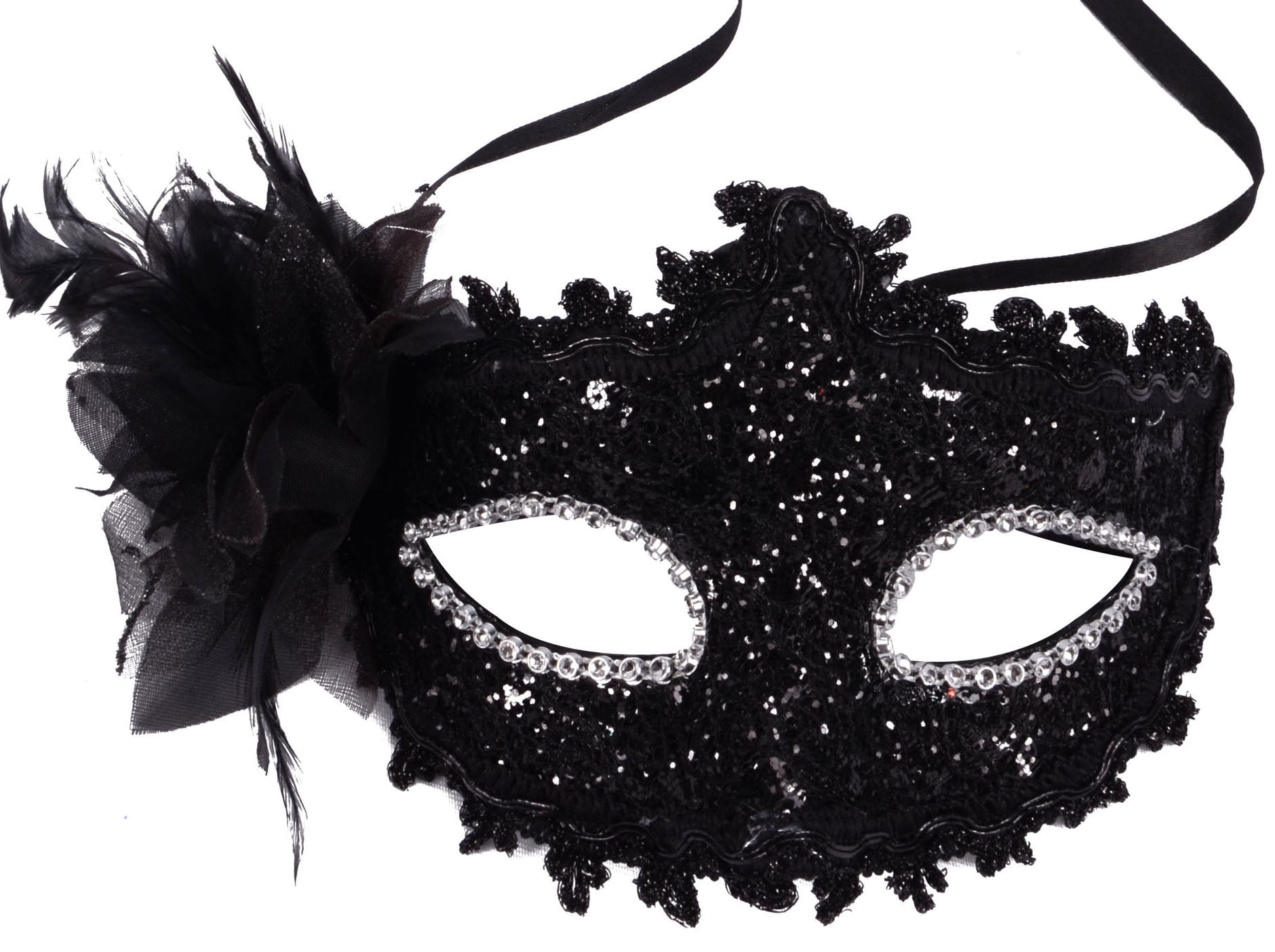 Lace Masquerade Mask with Rhinestone & Flower, 3733_Black