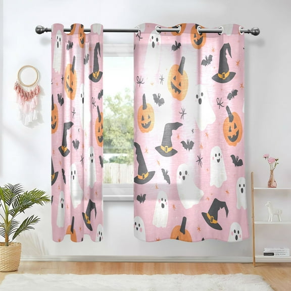 Yayeee Window Curtains Set of 2 for Living Room Light Filtering 63"x42", Pink Halloween Ghosts
