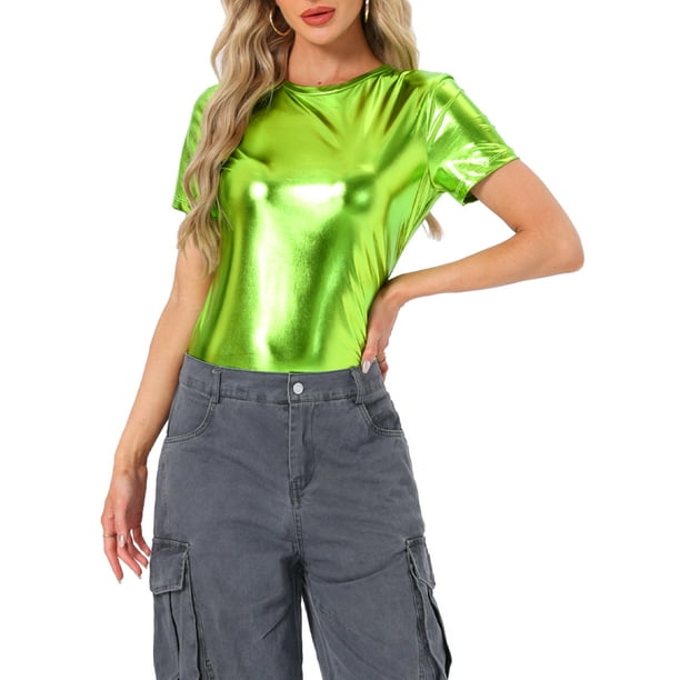 INSPIRAR CHIC Blusas Metálicas Texturizadas de Manga Corta Brillantes para Fiesta S Verde Mostaza
