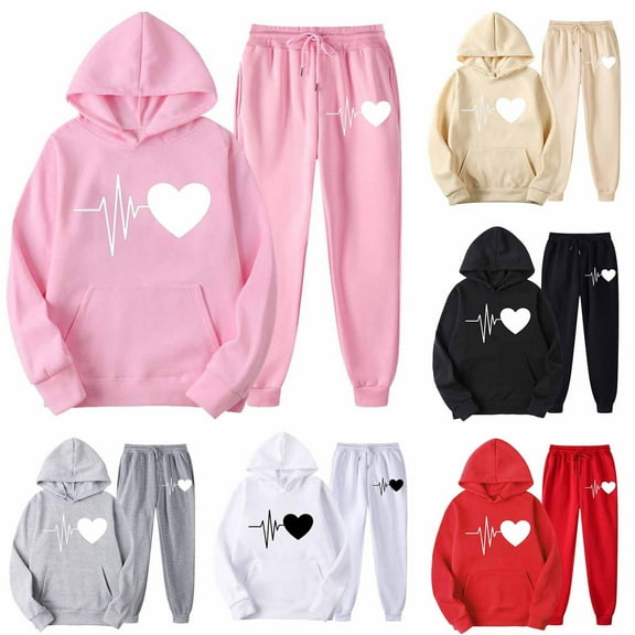 VBTAPA Sweatsuits for Women Set 2 Piece Jogging Outfit Fashion Heartbeat Print Hoodie Sweatshirt Jogger Sweatpants Casual Tracksuit Y2K Streetwear Black XXL