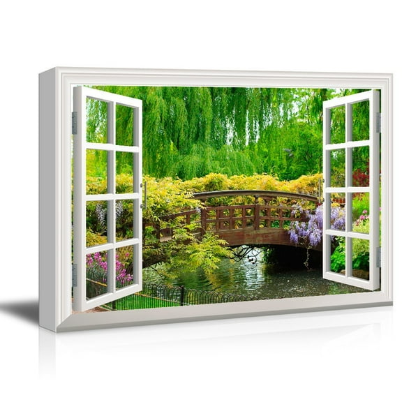 wall26 Canvas Print Wall Art Window View Landscape Japanese Flower Bridge Nature Wilderness Photography Modern Art Rustic Scenic Colorful Multicolor for Living Room, Bedroom, Office - 32"x48&quo