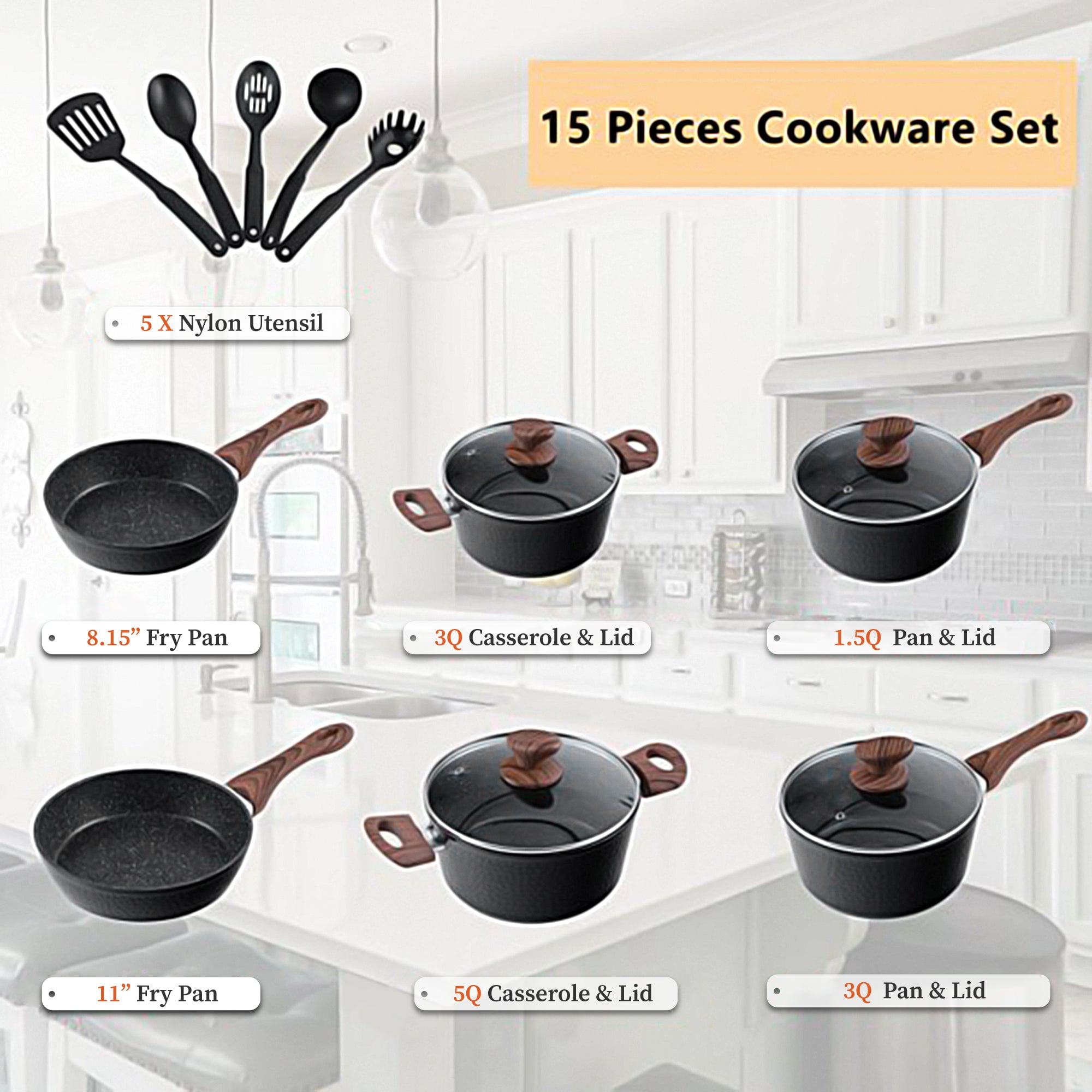 Sophia & William 12 Pieces Kitchen Nonstick Granite-Coated Cookware Set -  Bgrey 