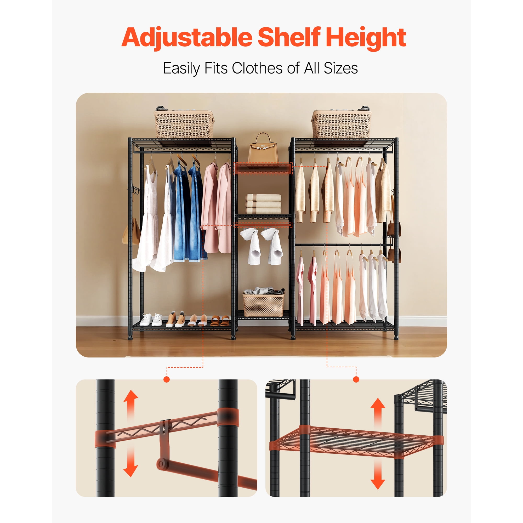 KFFKFF Heavy-Duty Garment Rack with Adjustable Tiers, Steel Frame Closet Organizer, 850 lbs Capacity, Includes 4 Hanging Rods for Bedroom, Hallway, or Clothing Store