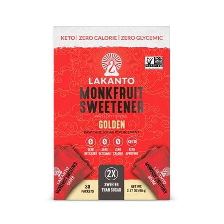 Lakanto Monk Fruit Sweetener Packets - Raw Cane Sugar Replacement  Zero Net Carbs  Zero Glycemic  Zero Calorie  Keto  Sweeten on the Go  Coffee  Lemonade  Other Drinks  Desserts (Golden  30 Count)