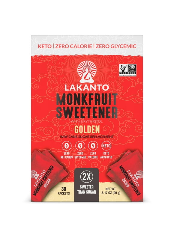 Lakanto Monk Fruit Sweetener Packets - Raw Cane Sugar Replacement, Zero Net Carbs, Zero Glycemic, Zero Calorie, Keto, Sweeten on the Go, Coffee, Lemonade, Other Drinks, Desserts (Golden, 30 Count)