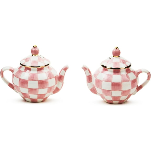 Teapot Salt and Pepper Shaker Set, Ceramic Salt and Pepper Holders, Pink-and-White Rosy Check