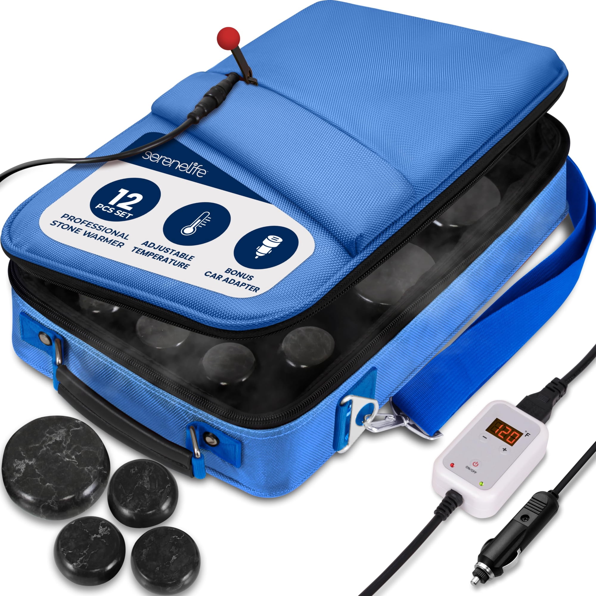 Portable Massage Stone Warmer Set - Electric Spa Hot Stones Massager and Heater Kit with 6 Large and 6 Small Round Shaped Basalt Massaging Rocks, Digital Controller Heating Bag