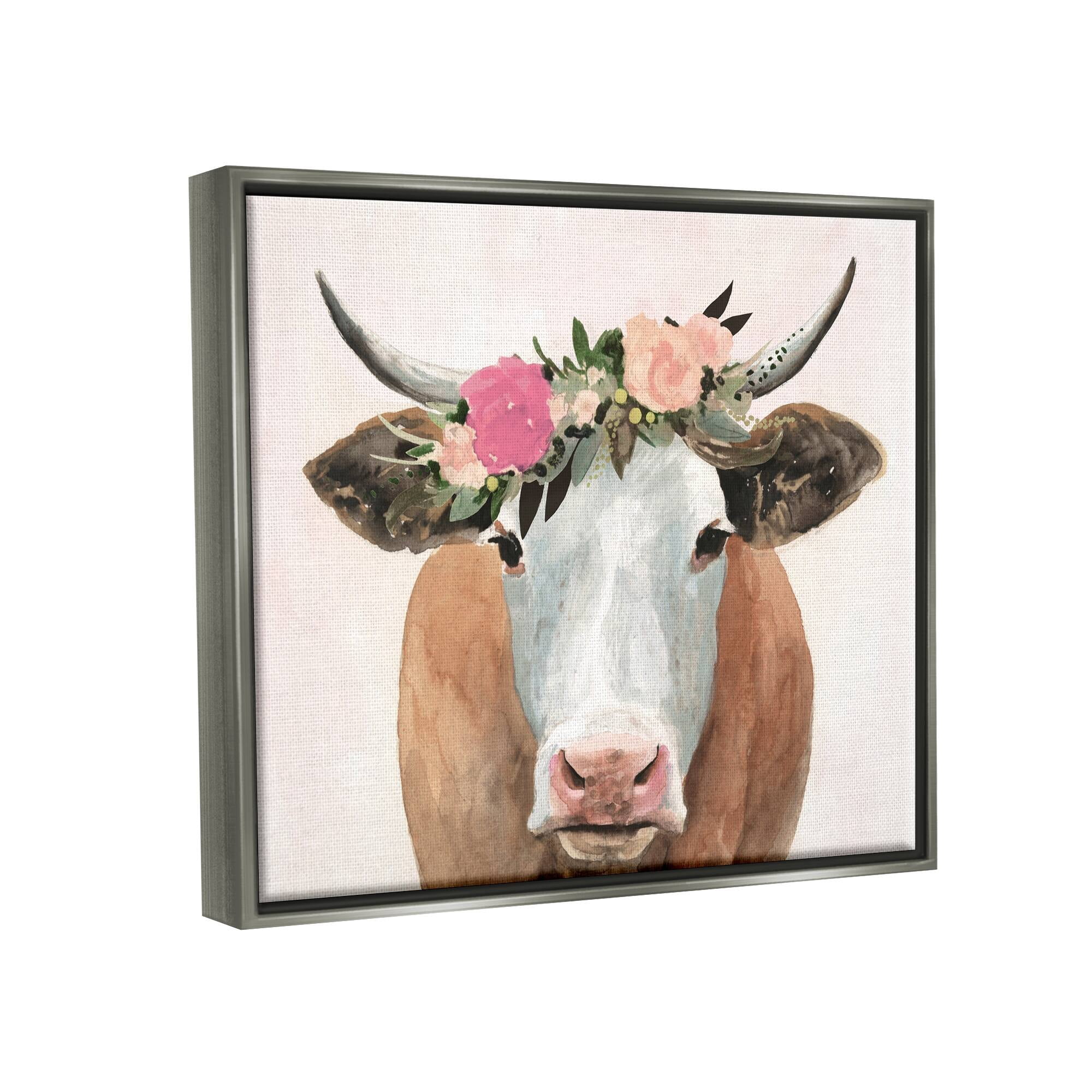 Stupell Industries Springtime Flower Crown Farm Cow with Horns Luster Gray Framed Floating Canvas Wall Art, 24x30, by Victoria Borges