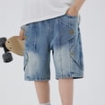 thumbnail image 5 of CPNG Teens Boys Denim Shorts Buttons Elastic Band Inside Stretchy Summer Cargo Shorts Elastic Waisted Baggy Straight Leg Boy Vintage Bermuda Jean Shorts, 5 of 7