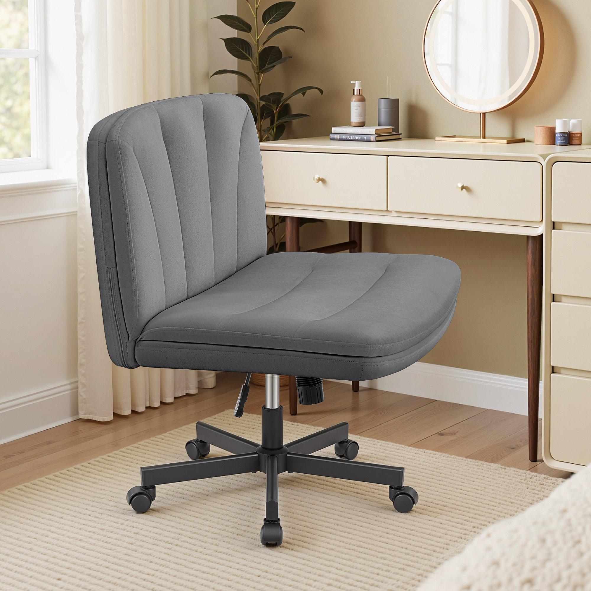 ATHOPE Criss Cross Chair with Wheels, 26"W Cross Legged Office Chair, Armless Vanity Desk Chair with 2 Layer Back & Seat, Swivel Height Ajustable for Home Office Bedroom, Gray Velvet
