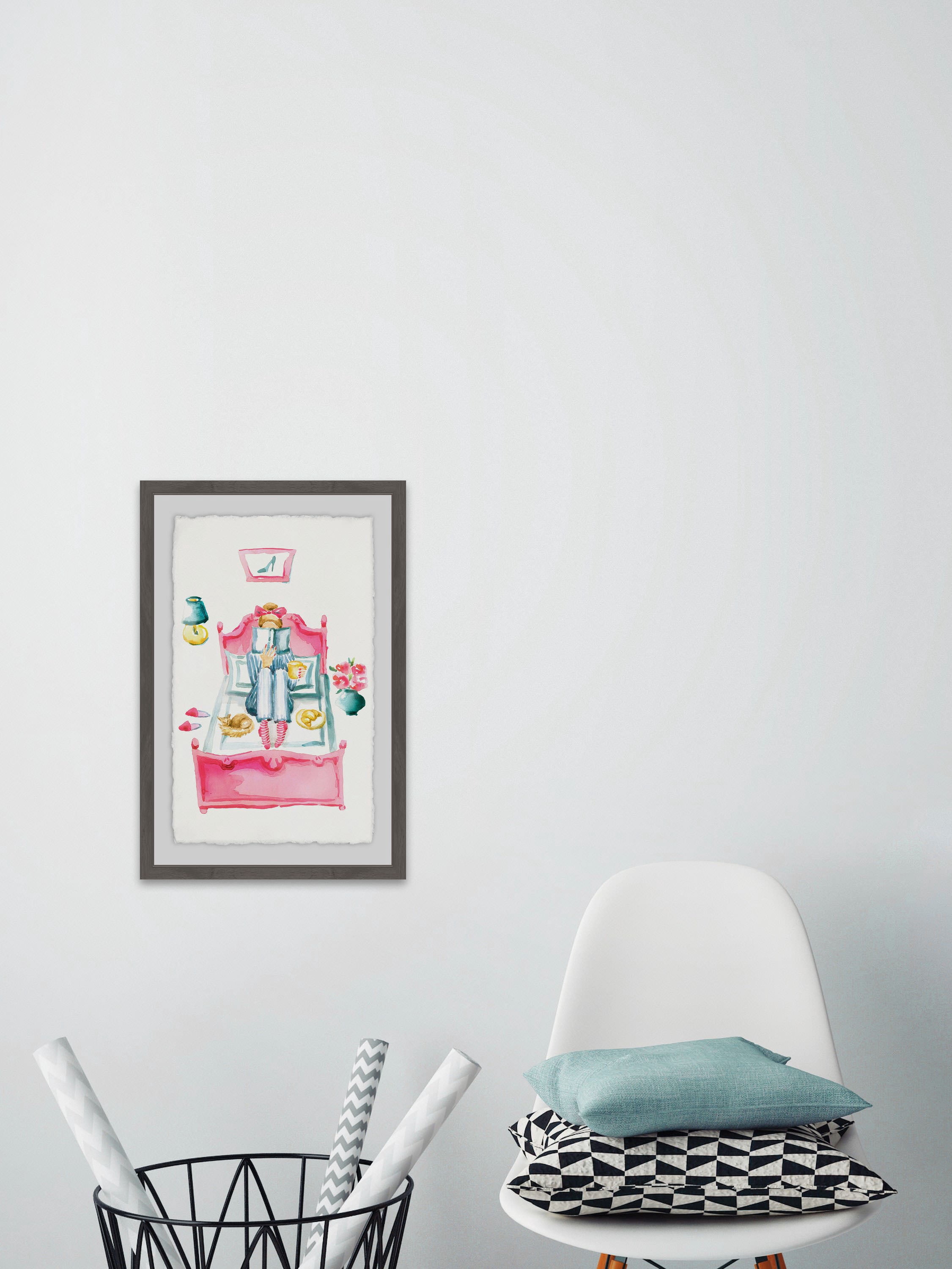 Pink Bed Reading Framed Painting Print