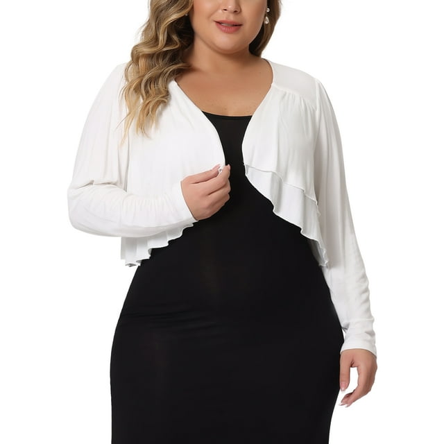 Cárdigan Plus Size Agnes Orinda para Mujeres, de Manga Larga, Abierto por Delante, Elegante, Corto, Tipo Bolero, Talla 2X, Blanco