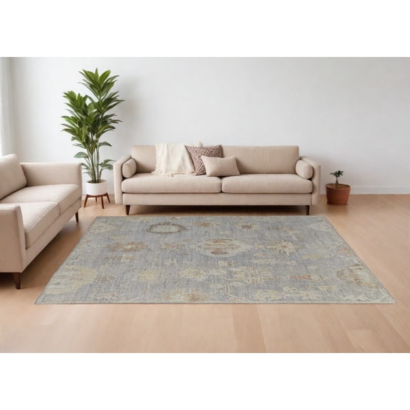 6' X 9' Gray and Blue Wool Floral Hand Knotted Area Rug