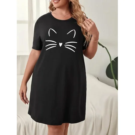 

Plus Size Cartoon Meow Print Short Sleeve Oversized Sleepwear Tops Women‘s Plus Slight Stretch Comfort Loungewear Tops