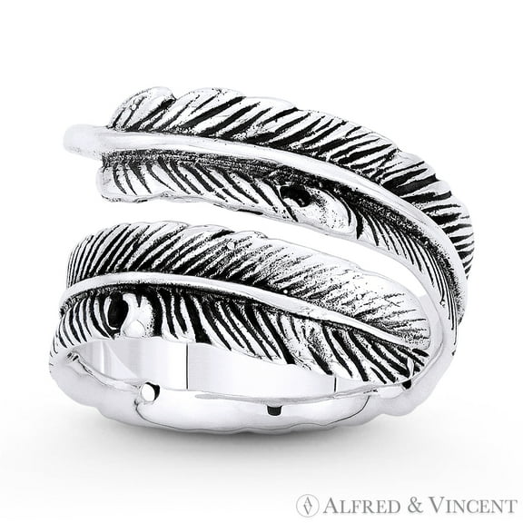 Rustic-Finish Eagle's Feather Charm Bypass Wrap Ring in Oxidized .925 Sterling Silver