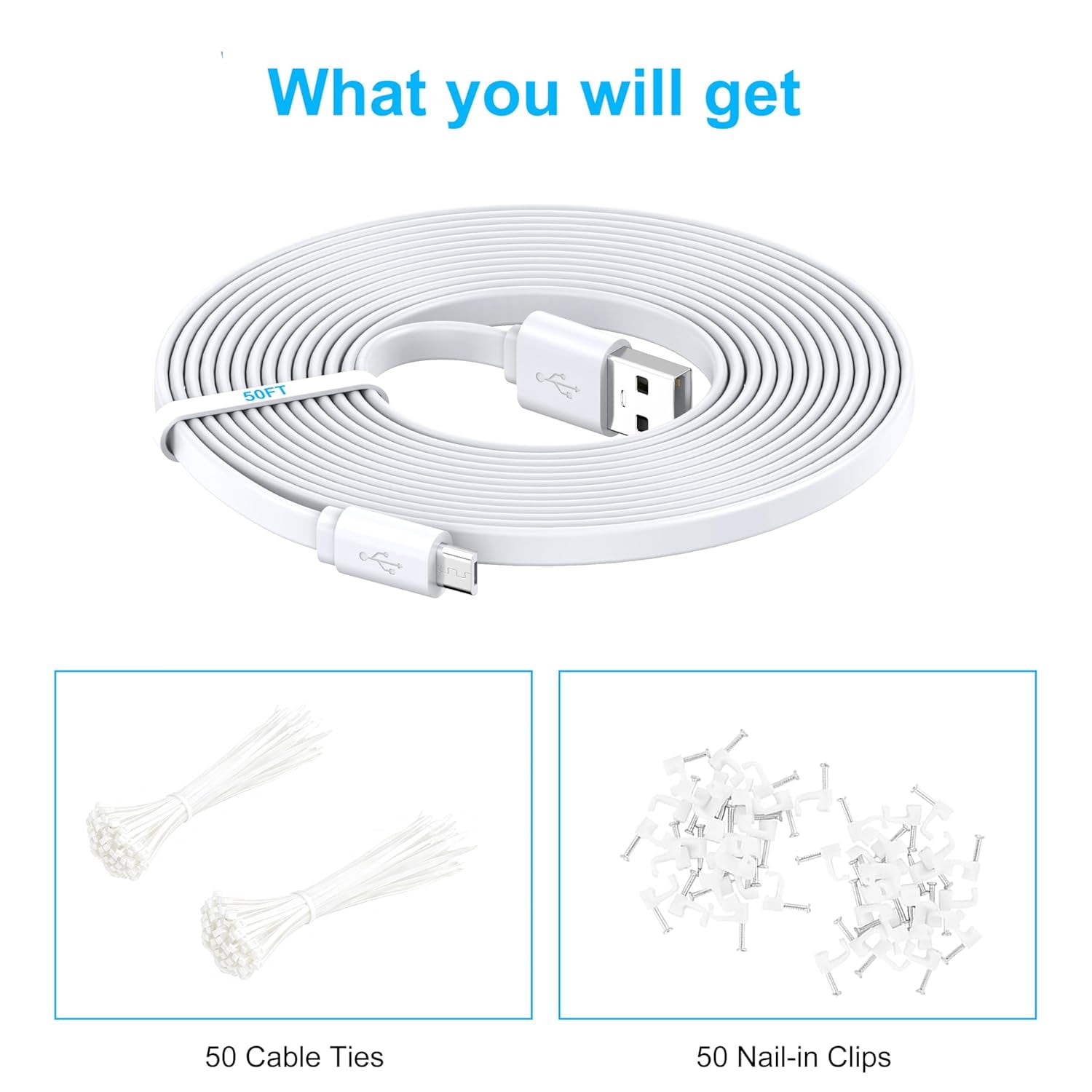 JJEAN-1 Pack 50FT Power Extension Cable,Flat Extension USB to Micro USB Charging Cord,Compatible with Wyze Cam v4/v3/OG/v3 Pro,Blink,Nest Cam Indoor,Fire Kindle(Not for Wyze Cam Pan v3,Not Type-C)