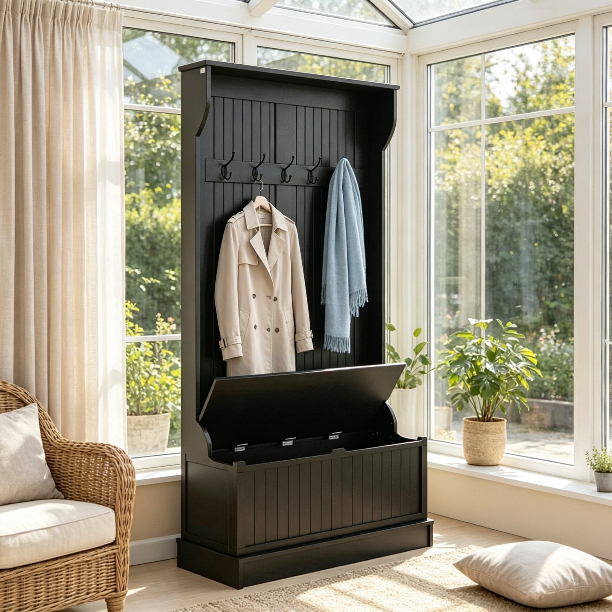 3 in 1 Entryway Bench Coat Rack Hall Tree with Shoe Storage 5 Hooks for Hallway, Bench And Storage Furniture, Black