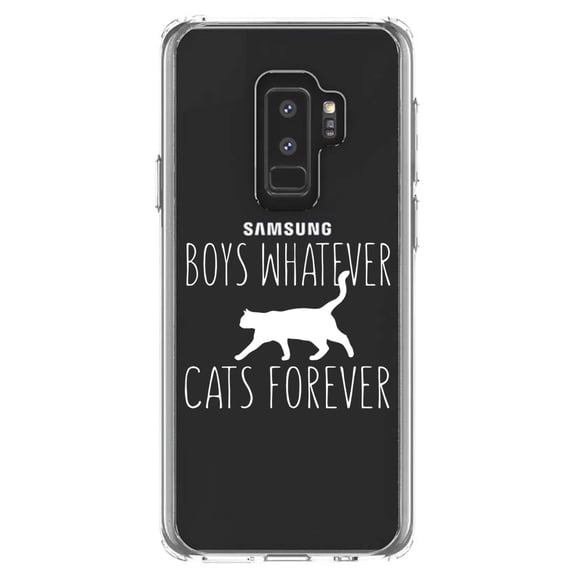 DistinctInk Clear Shockproof Hybrid Case for Samsung Galaxy S9  PLUS (6.2" Screen) - TPU Bumper Acrylic Back Tempered Glass Screen Protector - Boys Whatever, Cats Forever