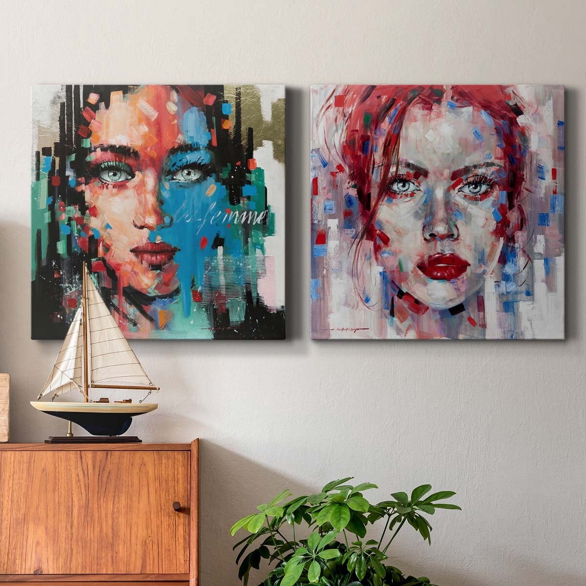 Boho Greenery I - Premium Gallery Wrapped Canvas - Ready to Hang Set of 2 - 40 x 40 Each