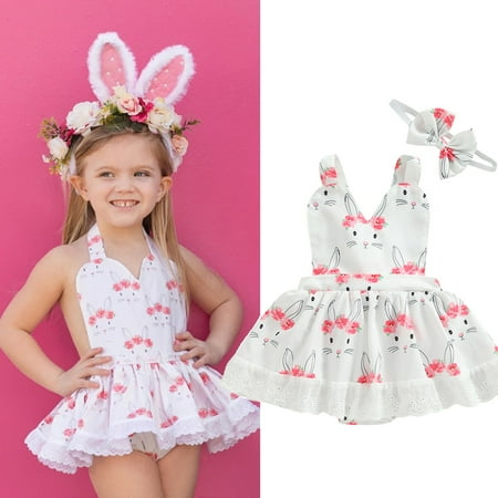 

Easter Baby Girls Romper Dress Rabbit Print Halter Neck Sleeveless Ruffles Jumpsuits